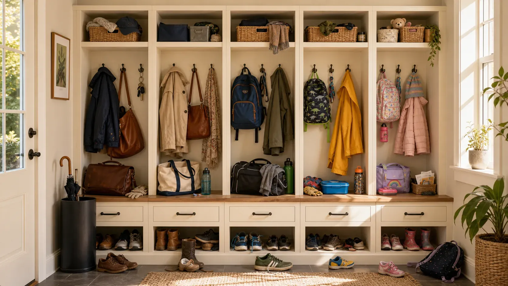 A family mudroom with coats, bags, shoes, and school supplies organized in built-in cubbies