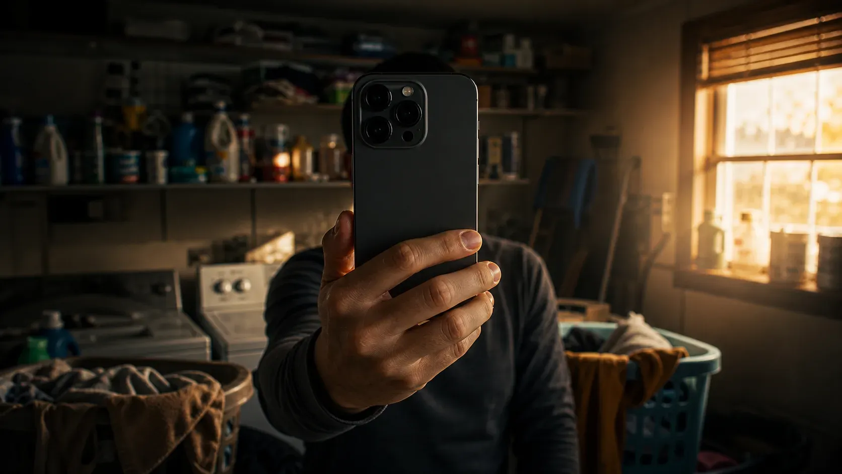 A person holding a phone in a laundry room while scanning household items
