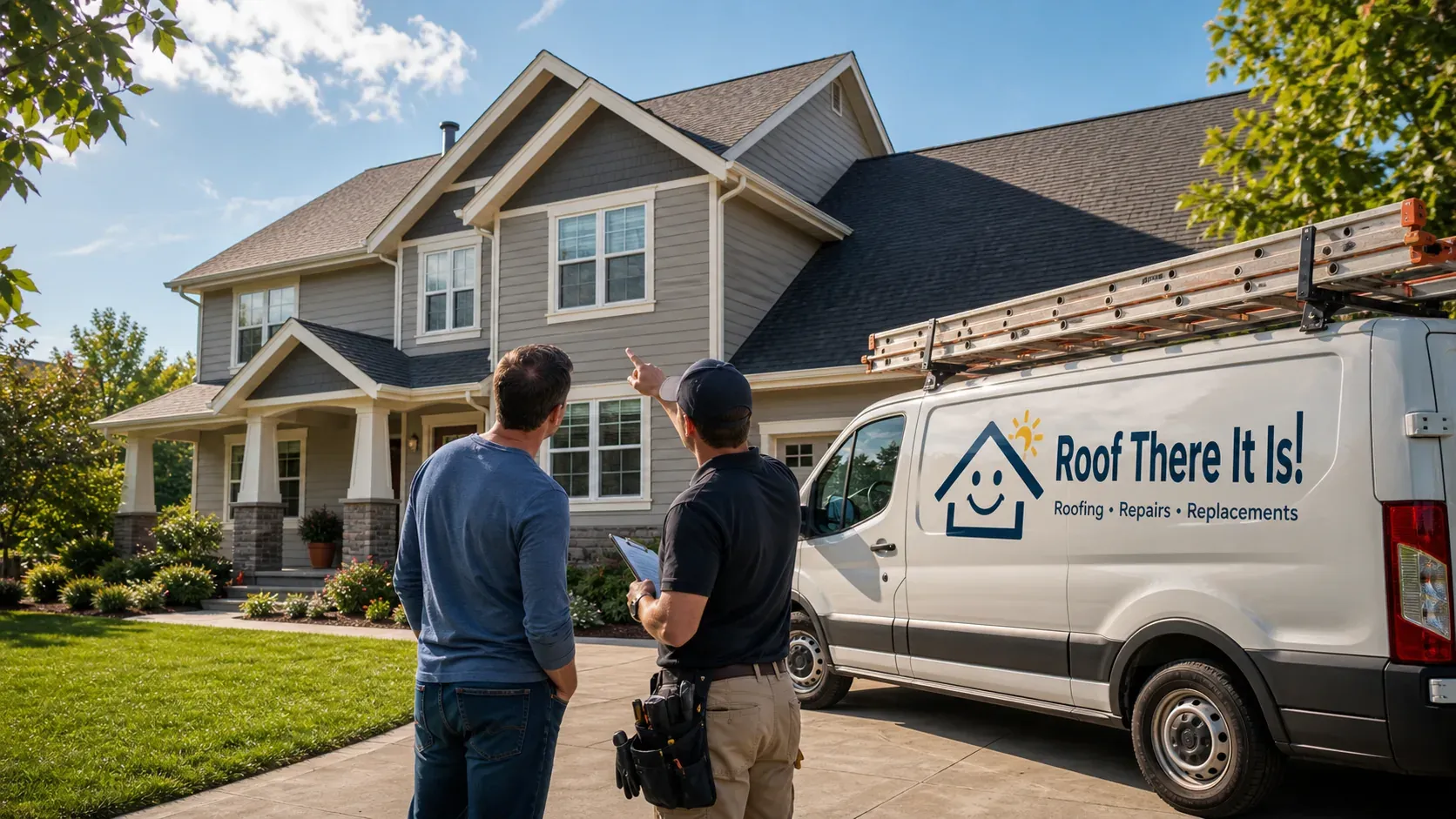 A homeowner and roofing professional inspecting a roof beside a contractor van