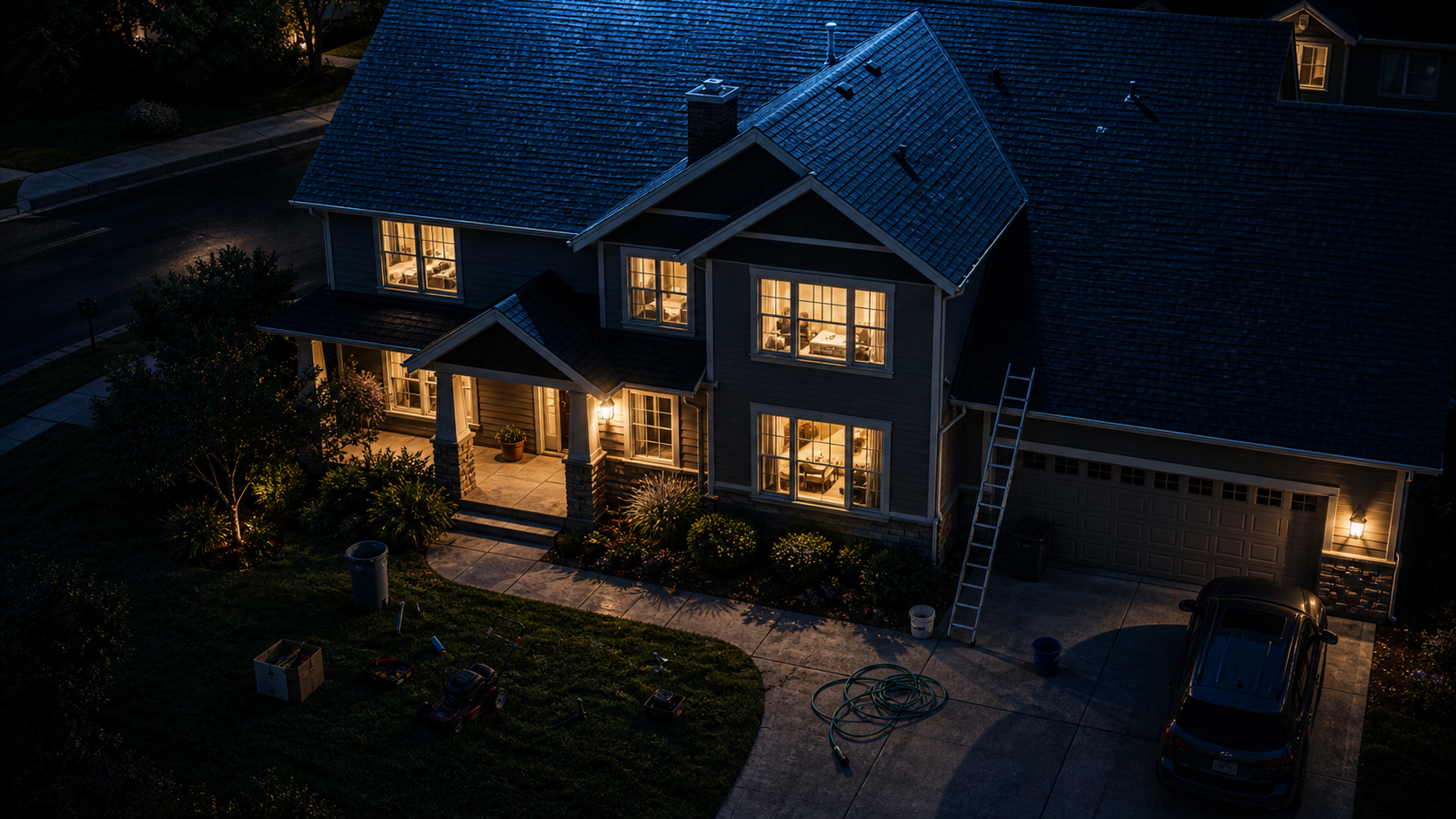 A warmly lit two-story home viewed from above at dusk